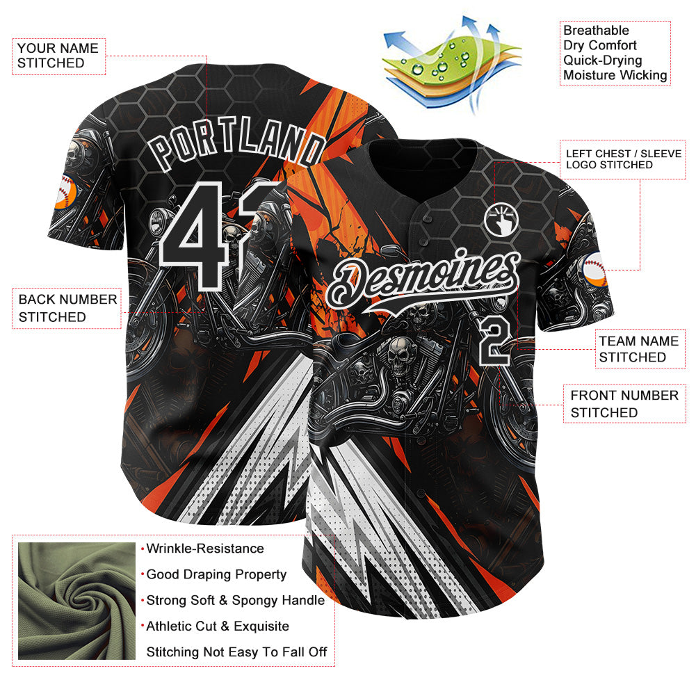 Custom Black Orange Gray-White 3D Pattern Design Motorcycle Motocross Skull Authentic Baseball Jersey view 3