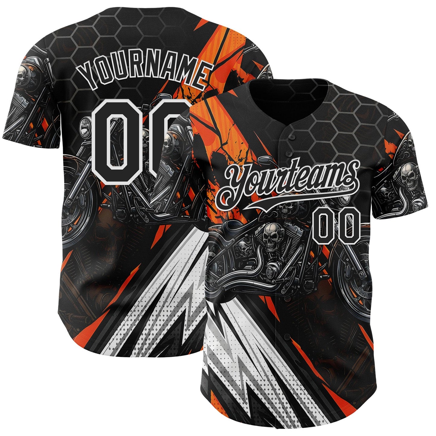 Custom Black Orange Gray-White 3D Pattern Design Motorcycle Motocross Skull Authentic Baseball Jersey - Main View