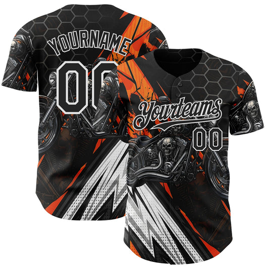 Custom Black Orange Gray-White 3D Pattern Design Motorcycle Motocross Skull Authentic Baseball Jersey - Main View