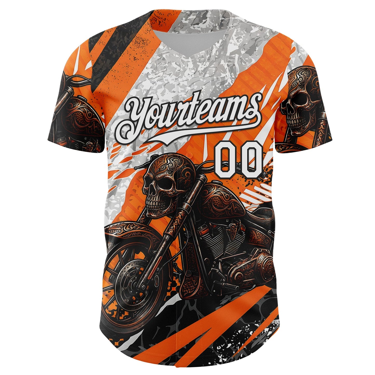 Custom Orange White Gray-Black 3D Pattern Design Motorcycle Motocross Skull Authentic Baseball Jersey view 2
