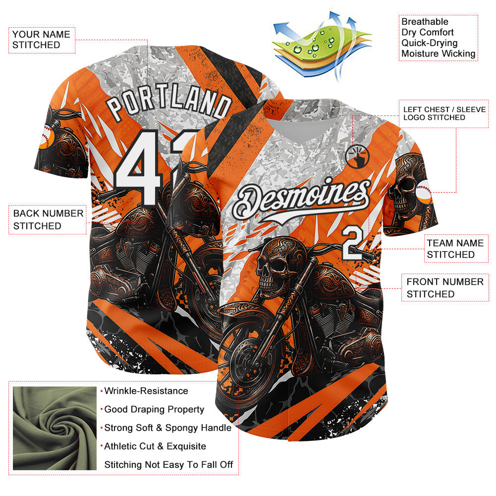 Custom Orange White Gray-Black 3D Pattern Design Motorcycle Motocross Skull Authentic Baseball Jersey view 3
