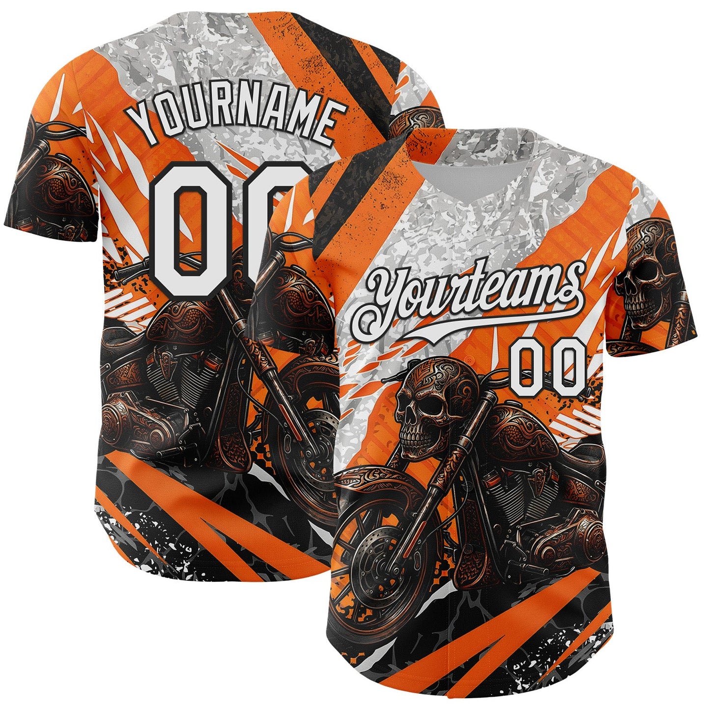 Custom Orange White Gray-Black 3D Pattern Design Motorcycle Motocross Skull Authentic Baseball Jersey - Main View
