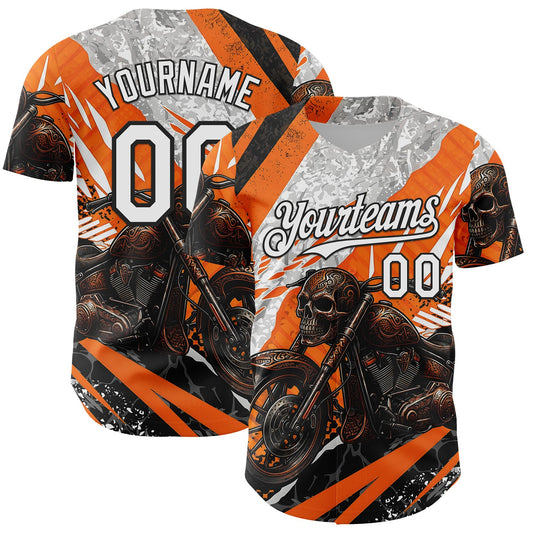 Custom Orange White Gray-Black 3D Pattern Design Motorcycle Motocross Skull Authentic Baseball Jersey - Main View