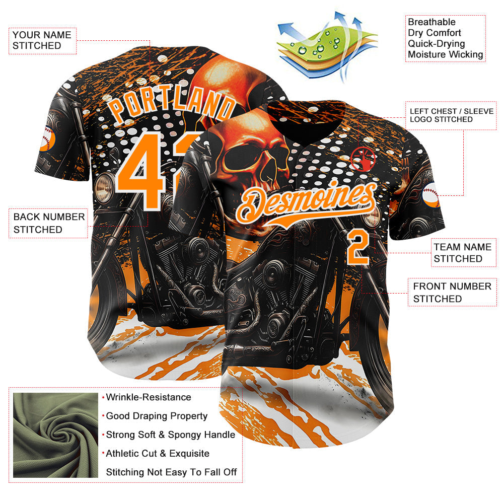 Custom Black Bay Orange Orange-White 3D Pattern Design Motorcycle Motocross Skull Authentic Baseball Jersey view 3