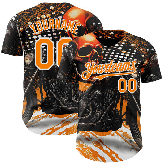 Custom Black Bay Orange Orange-White 3D Pattern Design Motorcycle Motocross Skull Authentic Baseball Jersey - Main View