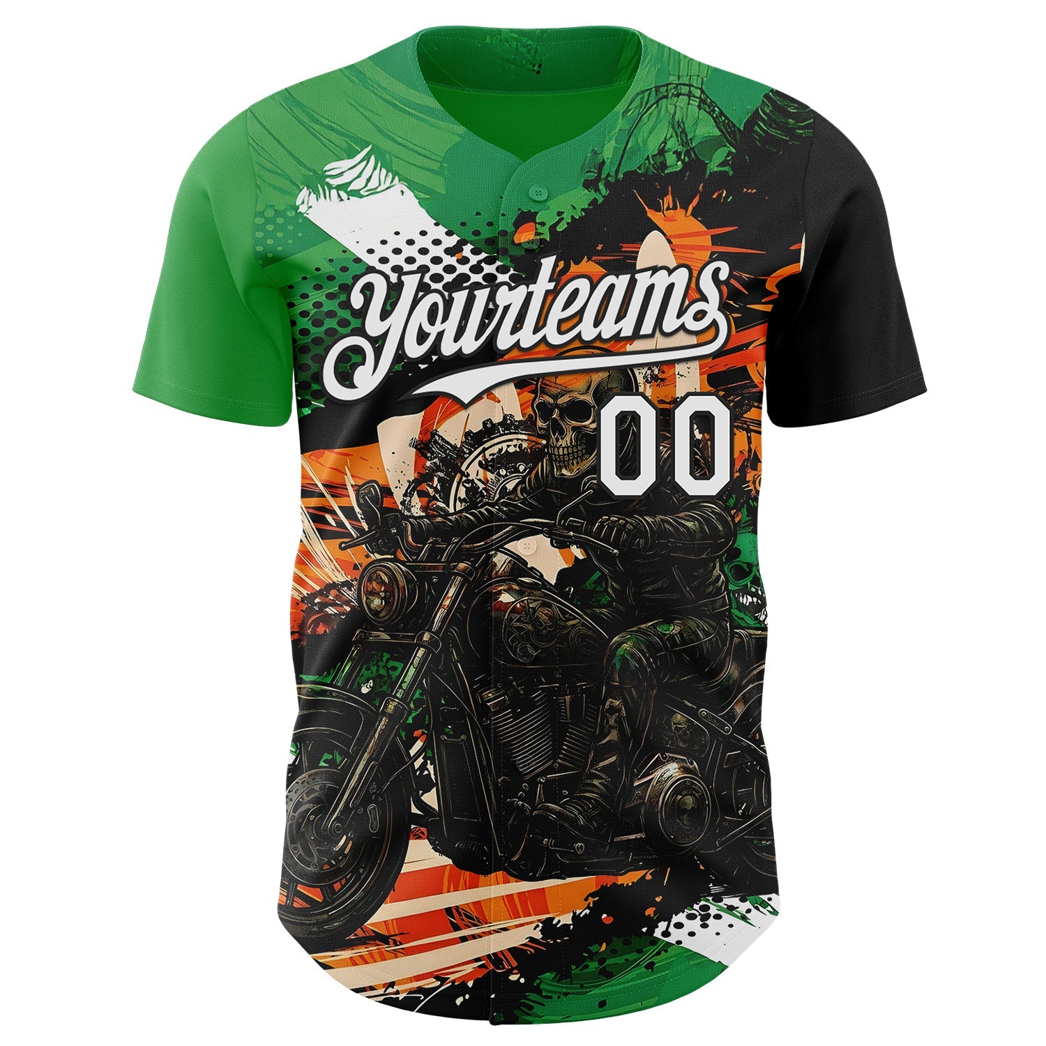 Custom Green White Orange Cream-Black 3D Pattern Design Motorcycle Motocross Skull Authentic Baseball Jersey view 2