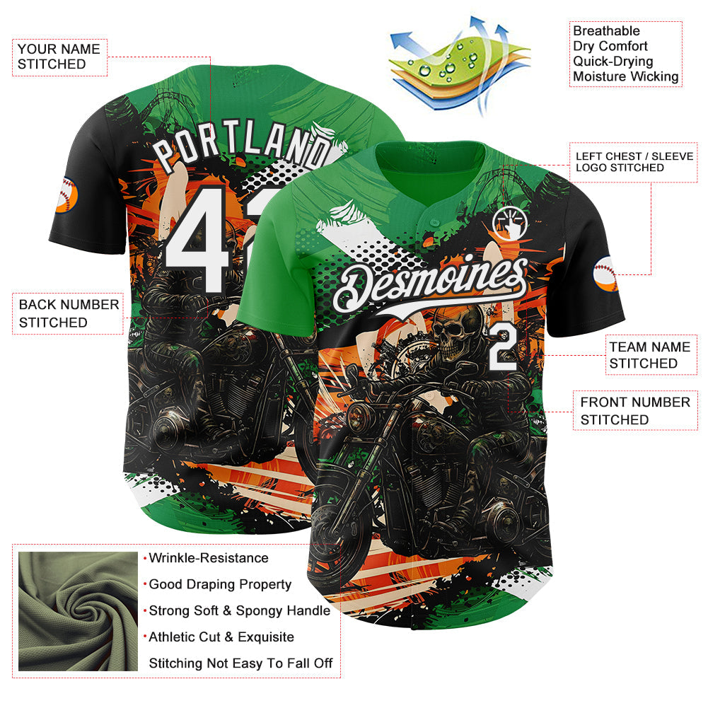Custom Green White Orange Cream-Black 3D Pattern Design Motorcycle Motocross Skull Authentic Baseball Jersey view 3