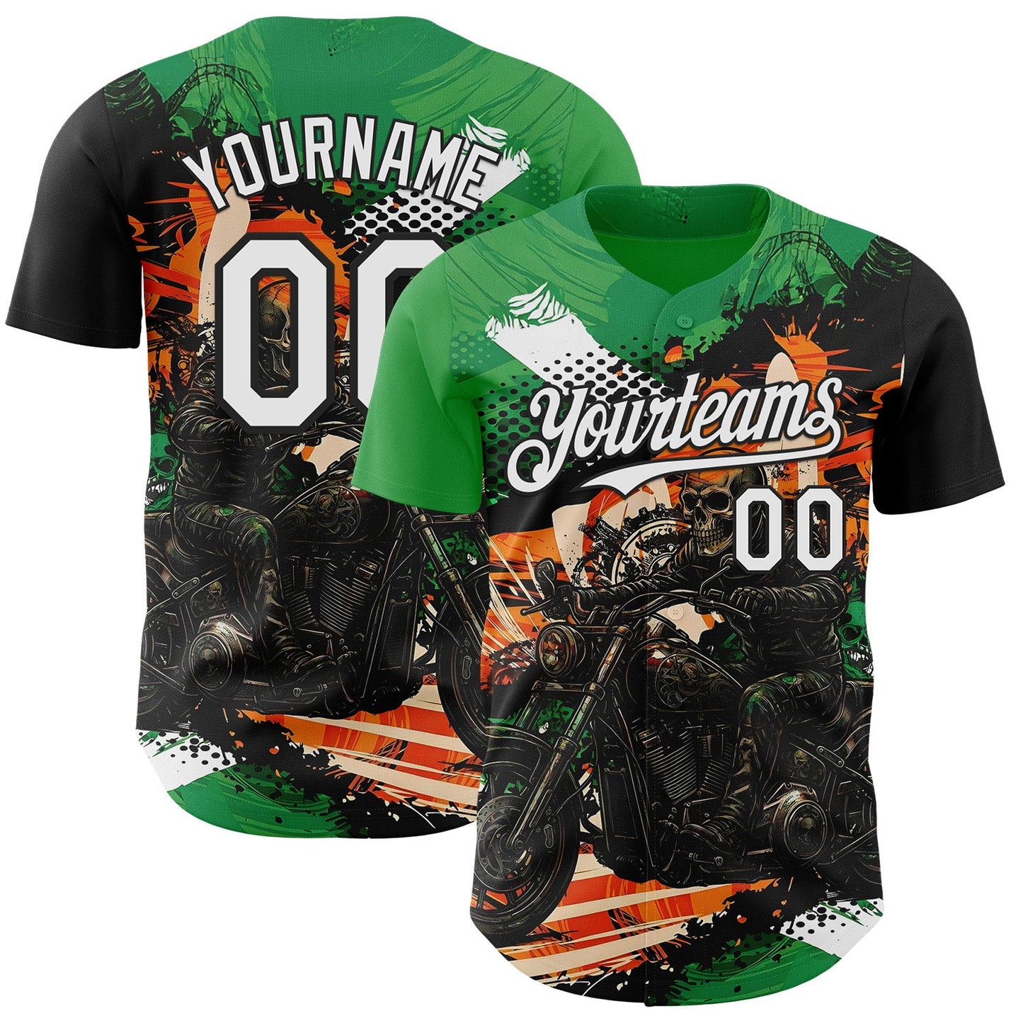 Custom Green White Orange Cream-Black 3D Pattern Design Motorcycle Motocross Skull Authentic Baseball Jersey - Main View