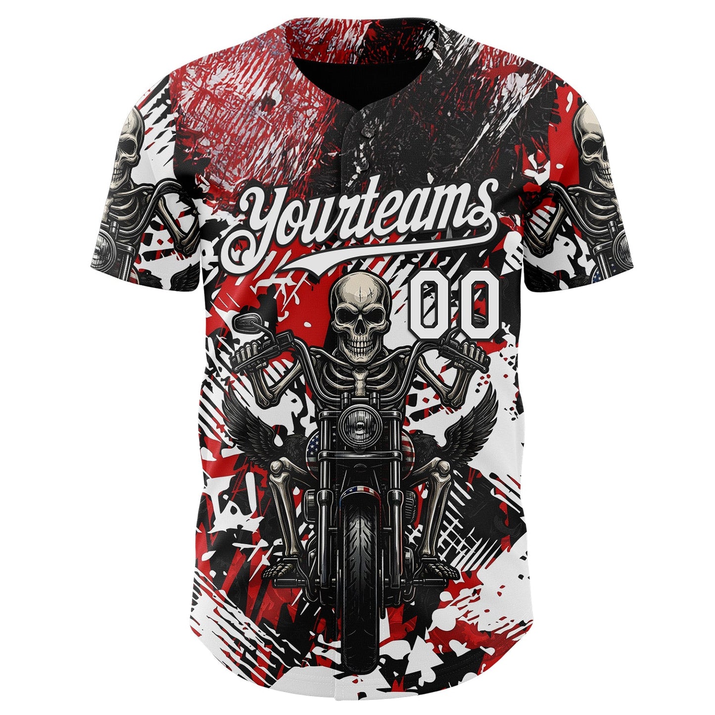 Custom Red White-Black 3D Pattern Design Motorcycle Motocross Skull Authentic Baseball Jersey view 2