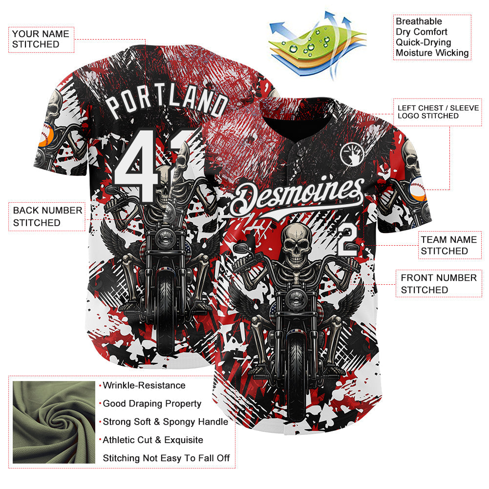 Custom Red White-Black 3D Pattern Design Motorcycle Motocross Skull Authentic Baseball Jersey view 3