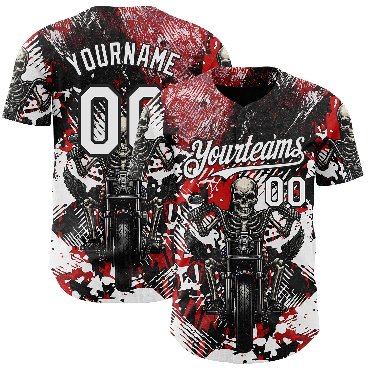 Custom Red White-Black 3D Pattern Design Motorcycle Motocross Skull Authentic Baseball Jersey - Main View