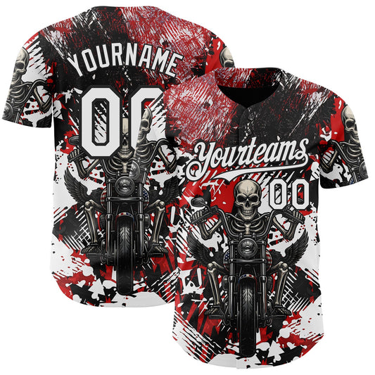 Custom Red White-Black 3D Pattern Design Motorcycle Motocross Skull Authentic Baseball Jersey - Main View