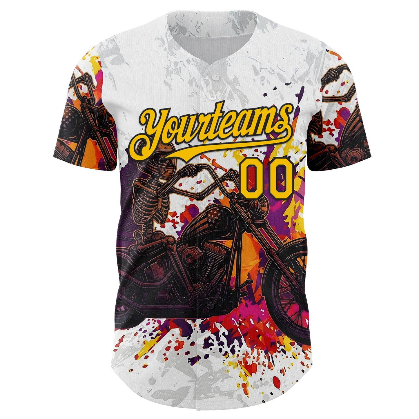 Custom White Yellow-Black 3D Pattern Design Motorcycle Motocross Skull Authentic Baseball Jersey view 2