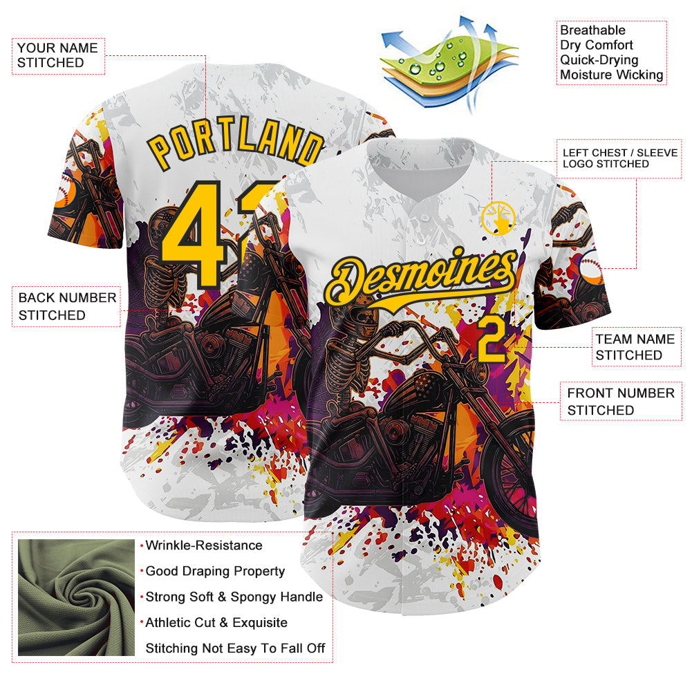 Custom White Yellow-Black 3D Pattern Design Motorcycle Motocross Skull Authentic Baseball Jersey view 3