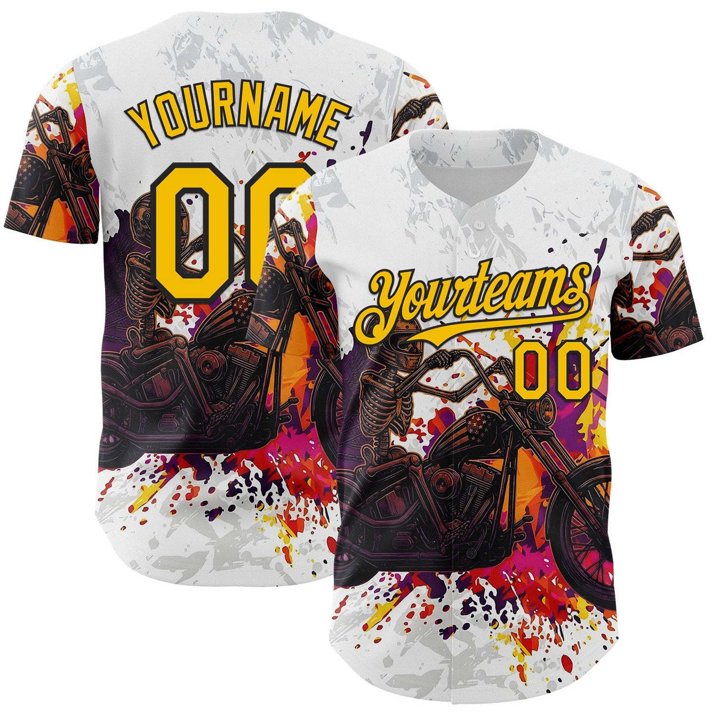 Custom White Yellow-Black 3D Pattern Design Motorcycle Motocross Skull Authentic Baseball Jersey - Main View