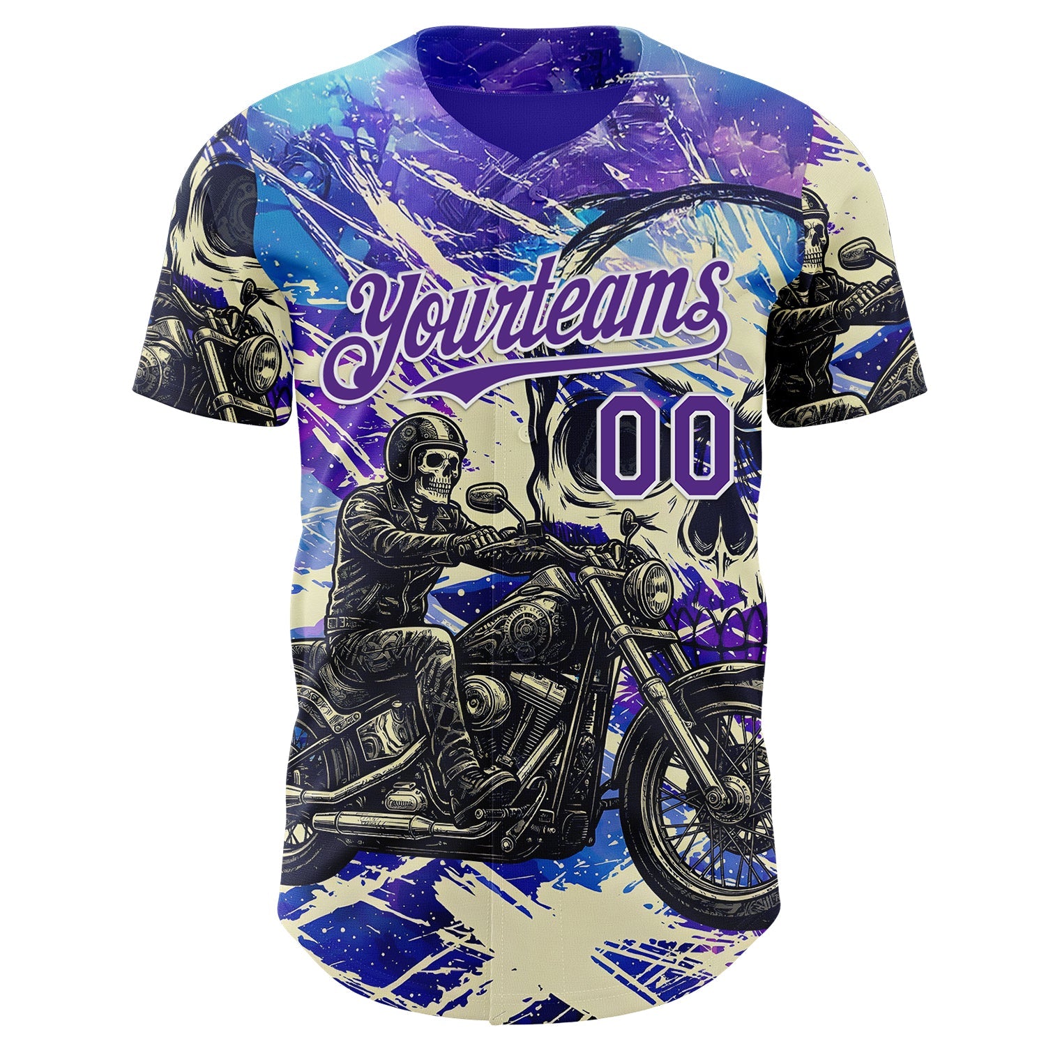 Custom Purple Cream-White 3D Pattern Design Motorcycle Motocross Skull Authentic Baseball Jersey view 2