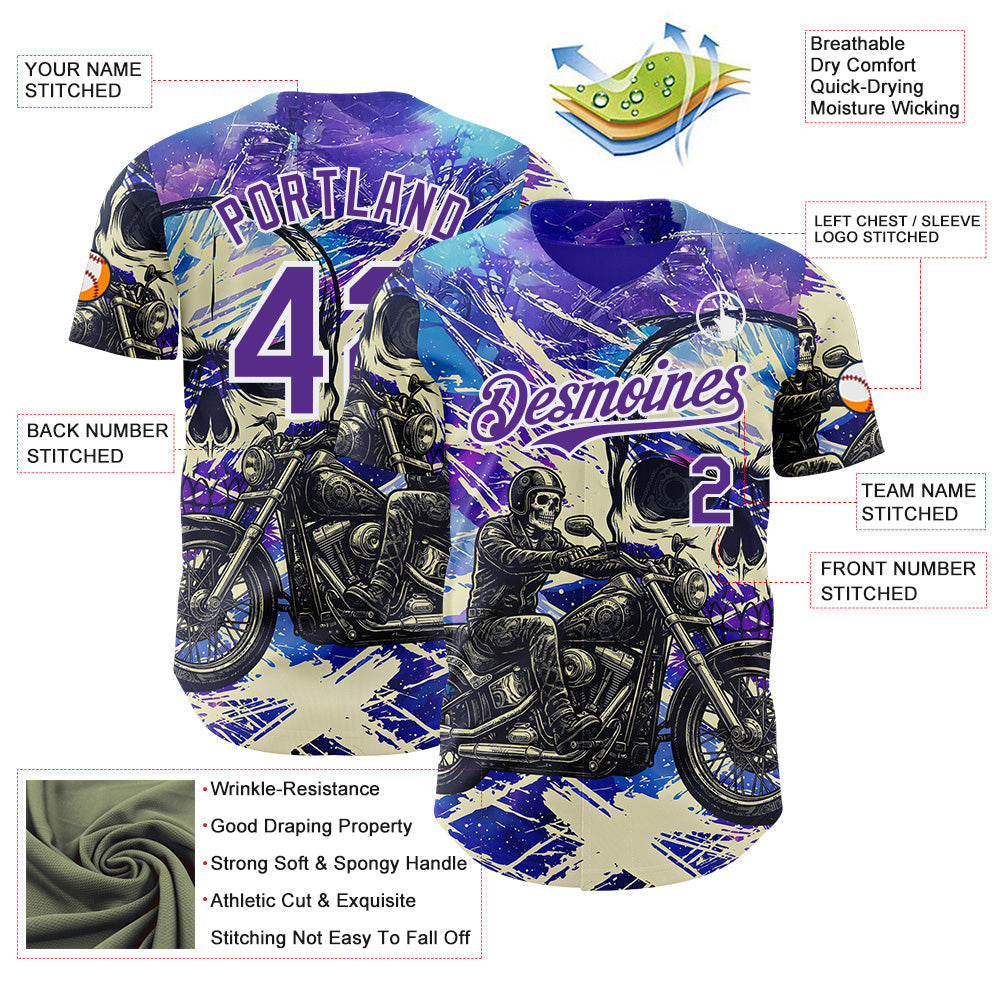 Custom Purple Cream-White 3D Pattern Design Motorcycle Motocross Skull Authentic Baseball Jersey view 3