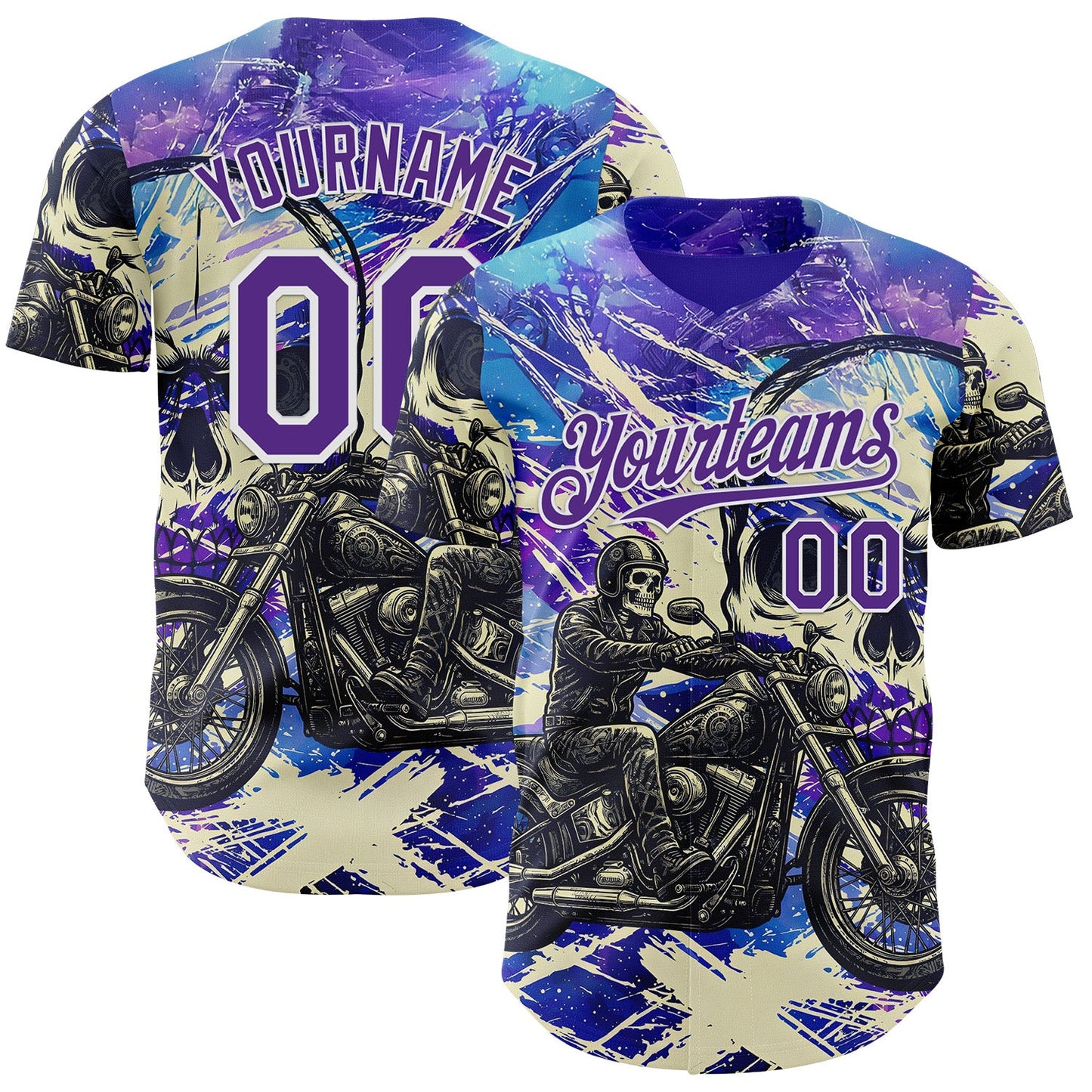 Custom Purple Cream-White 3D Pattern Design Motorcycle Motocross Skull Authentic Baseball Jersey - Main View