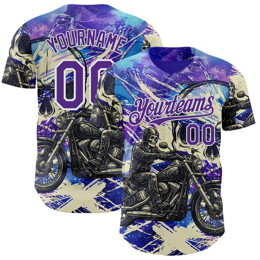 Custom Purple Cream-White 3D Pattern Design Motorcycle Motocross Skull Authentic Baseball Jersey - Main View