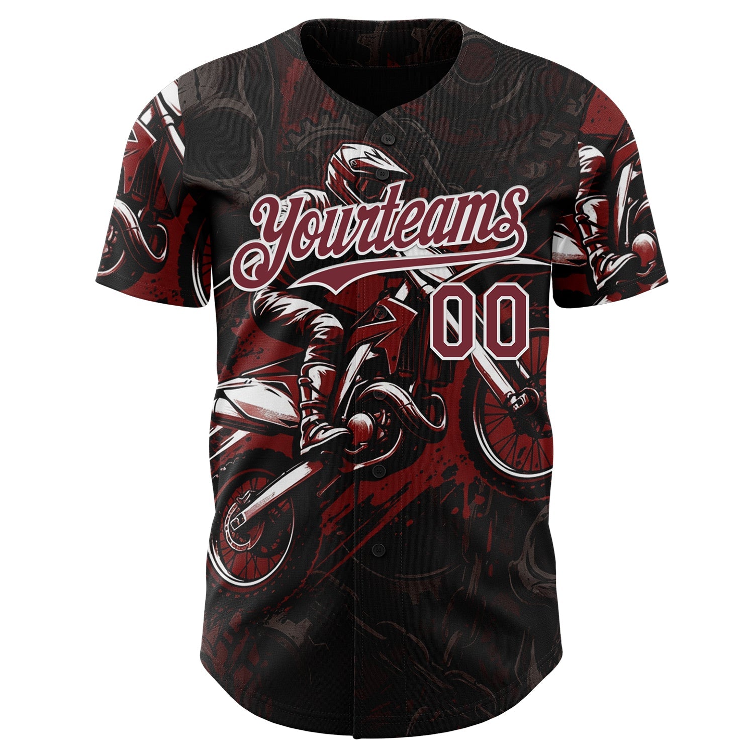 Custom Black Burgundy-White 3D Pattern Design Motorcycle Motocross Authentic Baseball Jersey view 2