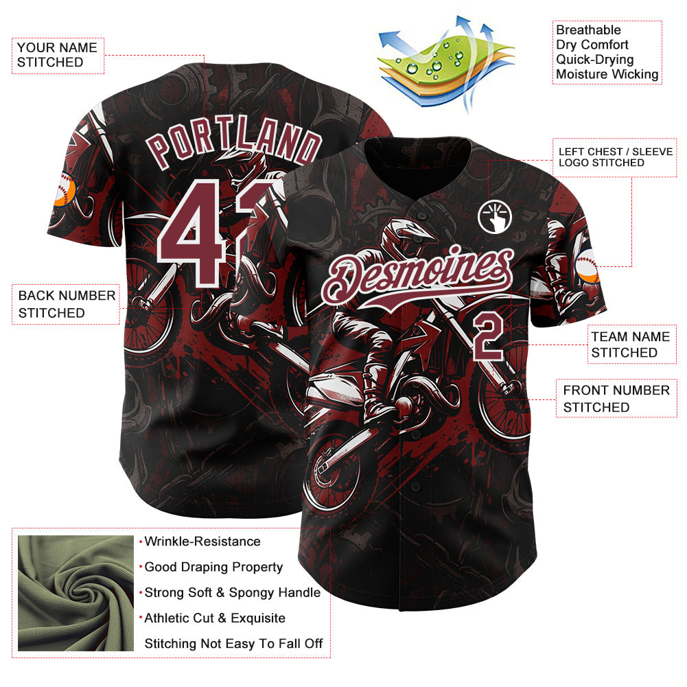 Custom Black Burgundy-White 3D Pattern Design Motorcycle Motocross Authentic Baseball Jersey view 3