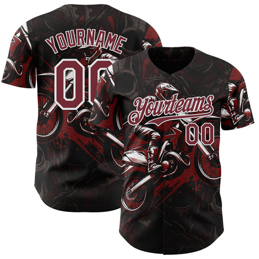 Custom Black Burgundy-White 3D Pattern Design Motorcycle Motocross Authentic Baseball Jersey - Main View