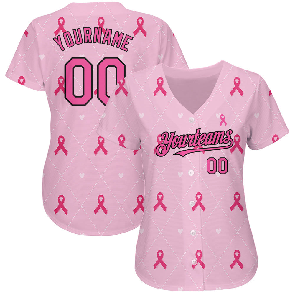 Custom Pink Black 3D Pink Ribbon Breast Cancer Awareness Month Women Health Care Support Authentic Baseball Jersey view 2
