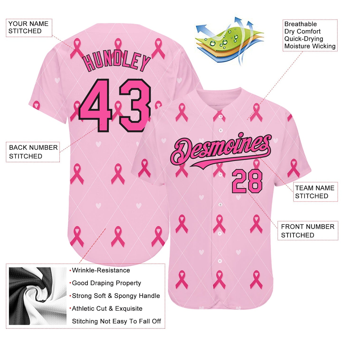 Custom Pink Black 3D Pink Ribbon Breast Cancer Awareness Month Women Health Care Support Authentic Baseball Jersey view 3