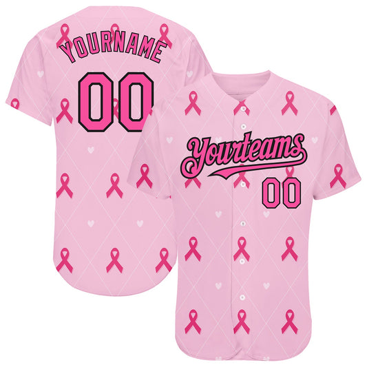 Custom Pink Black 3D Pink Ribbon Breast Cancer Awareness Month Women Health Care Support Authentic Baseball Jersey - Main View
