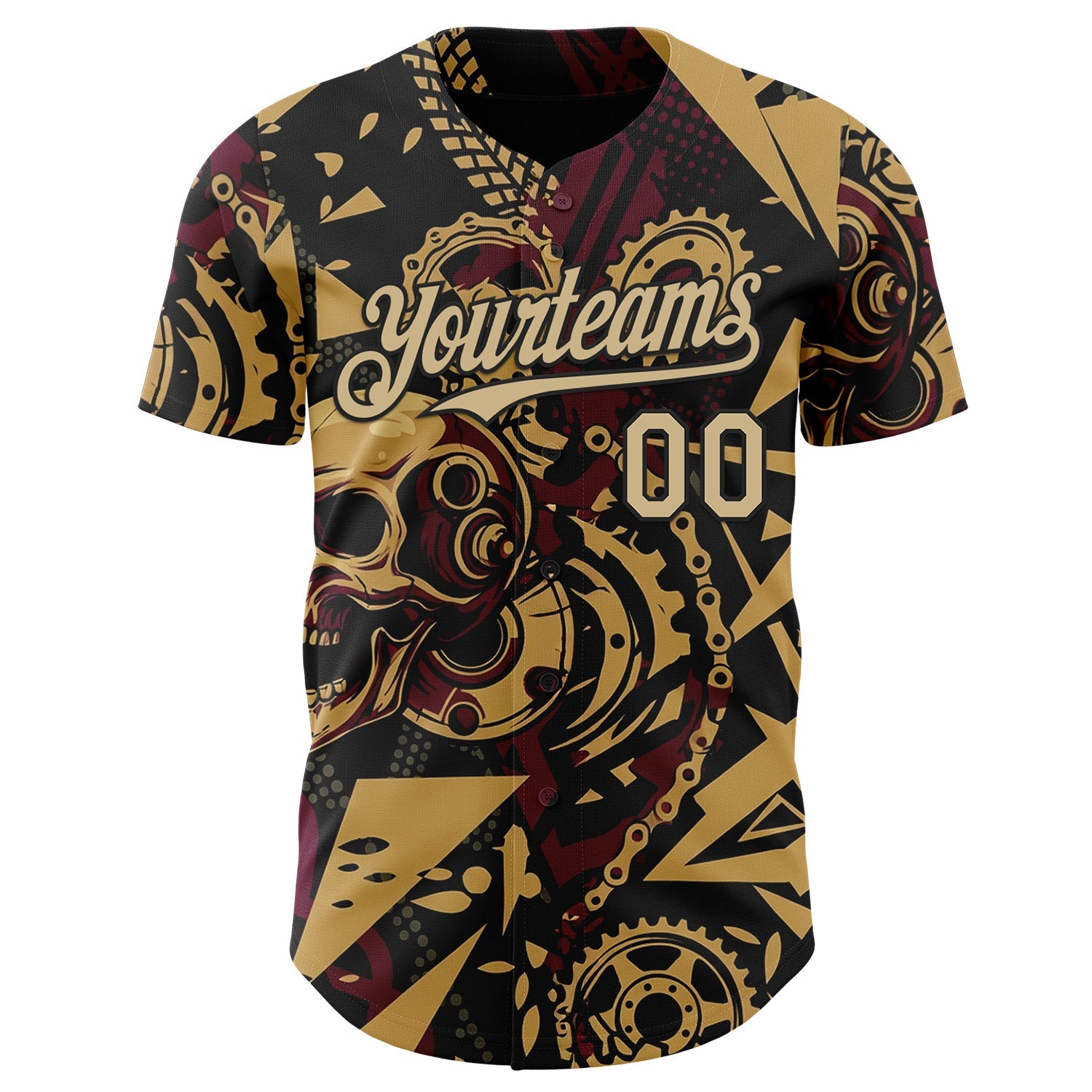 Custom Black Vegas Gold Old Gold-Red 3D Pattern Design Motorcycle Motocross Skull Authentic Baseball Jersey view 2