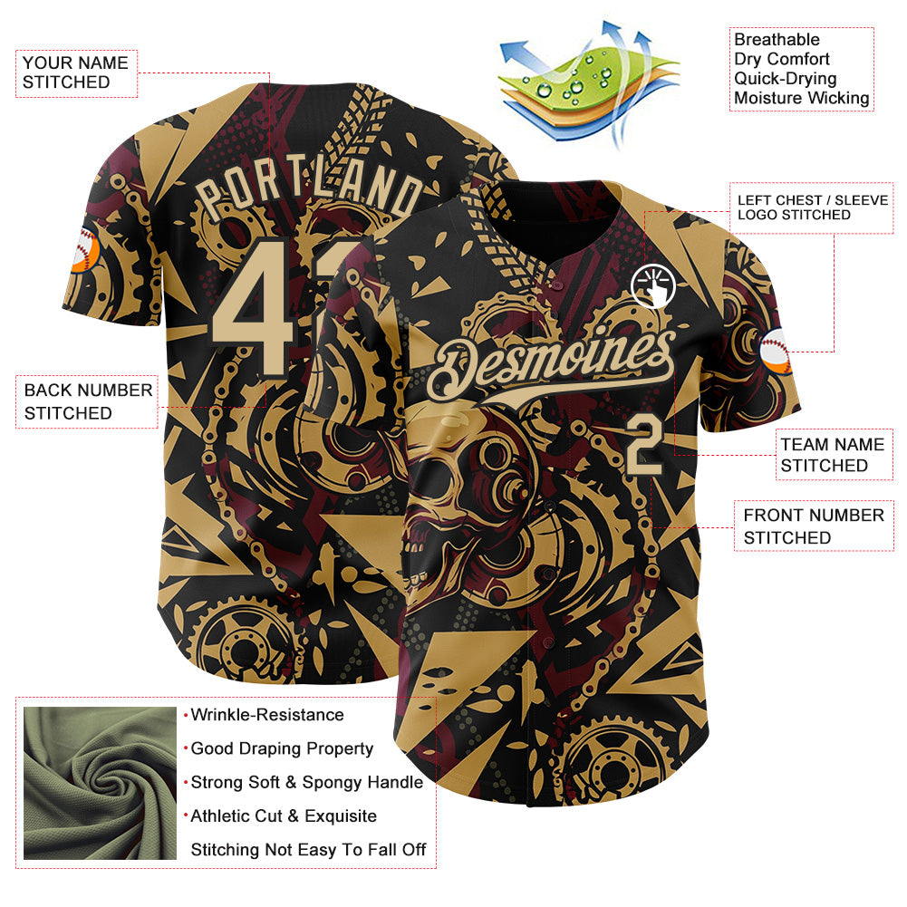 Custom Black Vegas Gold Old Gold-Red 3D Pattern Design Motorcycle Motocross Skull Authentic Baseball Jersey view 3