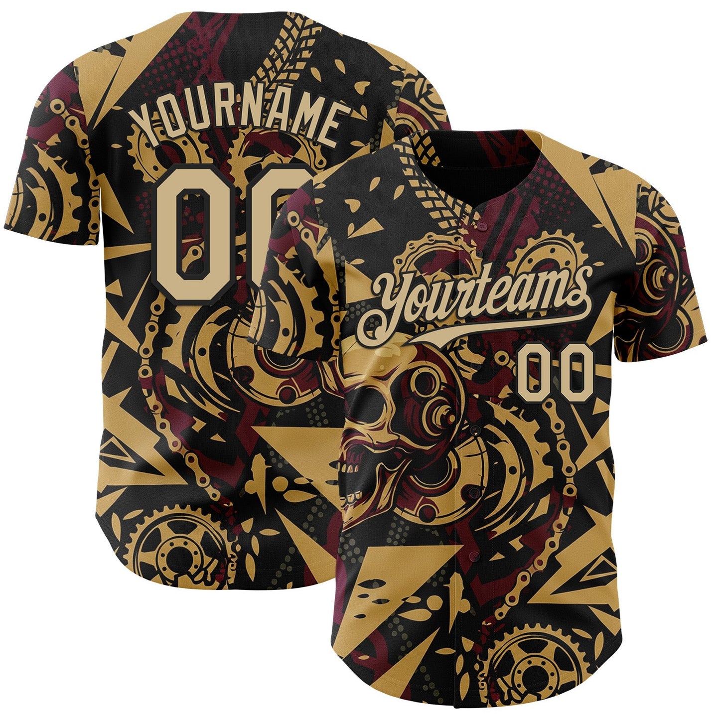 Custom Black Vegas Gold Old Gold-Red 3D Pattern Design Motorcycle Motocross Skull Authentic Baseball Jersey - Main View