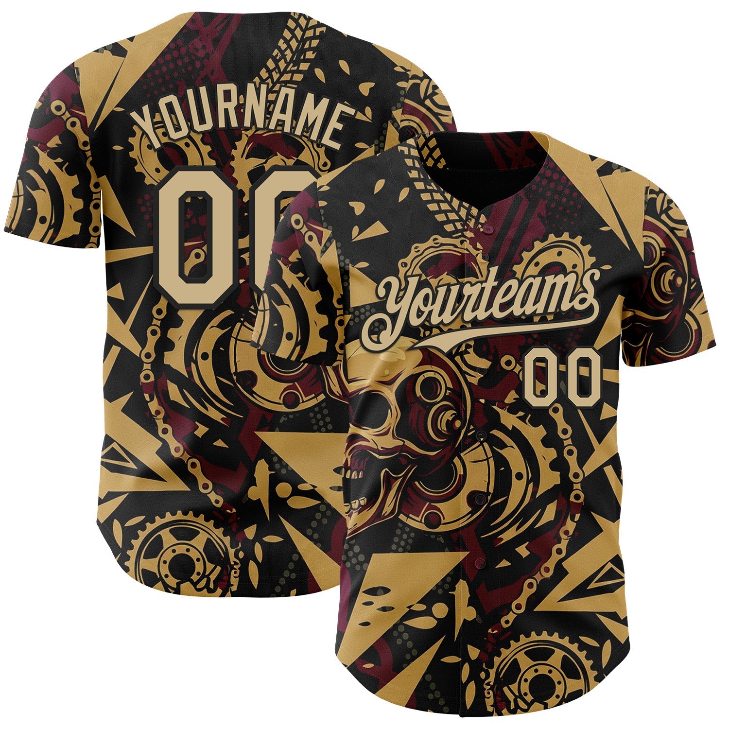 Custom Black Vegas Gold Old Gold-Red 3D Pattern Design Motorcycle Motocross Skull Authentic Baseball Jersey - Main View