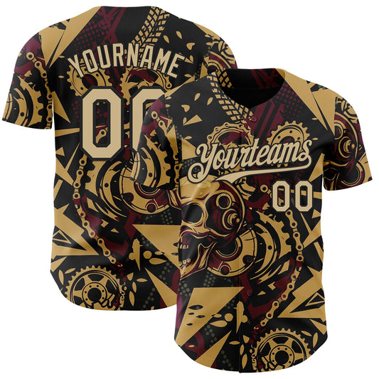 Custom Black Vegas Gold Old Gold-Red 3D Pattern Design Motorcycle Motocross Skull Authentic Baseball Jersey - Main View