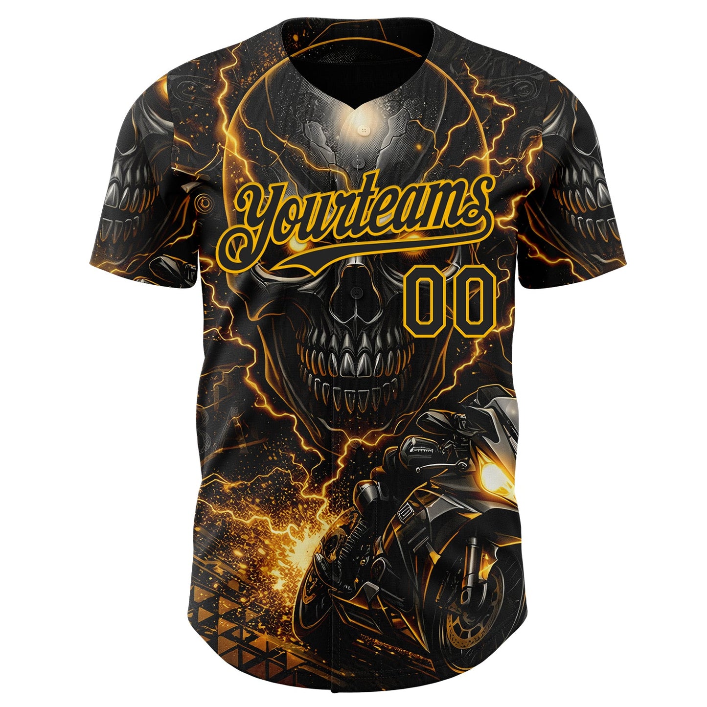 Custom Black-Gold 3D Pattern Design Motorcycle Motocross Skull Authentic Baseball Jersey view 2