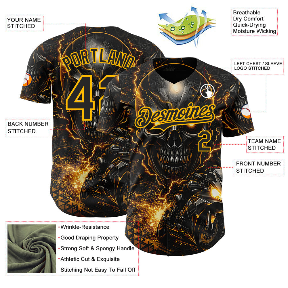 Custom Black-Gold 3D Pattern Design Motorcycle Motocross Skull Authentic Baseball Jersey view 3