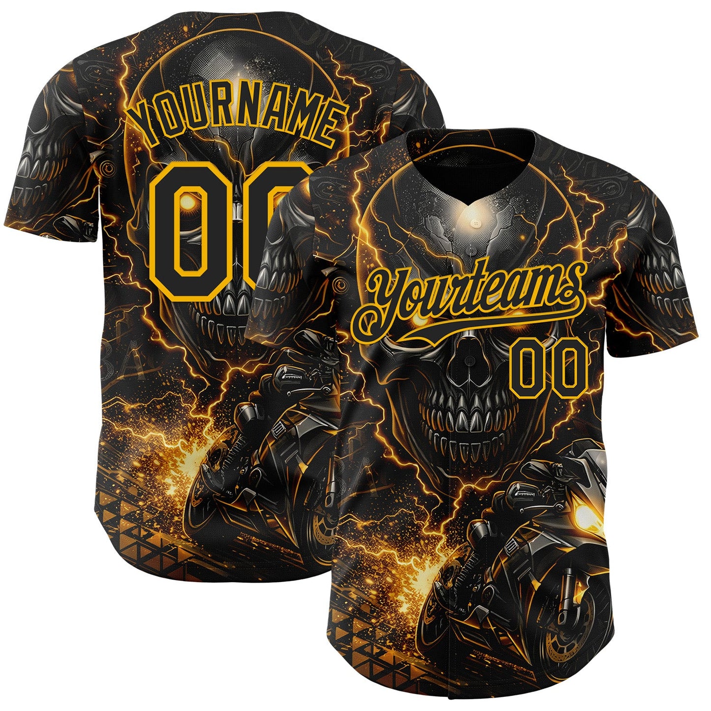 Custom Black-Gold 3D Pattern Design Motorcycle Motocross Skull Authentic Baseball Jersey - Main View