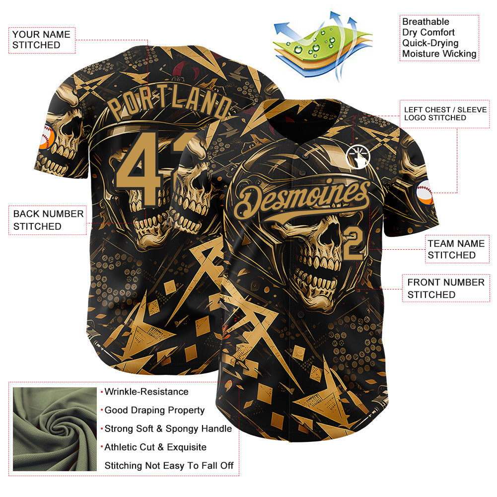 Custom Black-Old Gold 3D Pattern Design Motorcycle Motocross Skull Authentic Baseball Jersey view 3