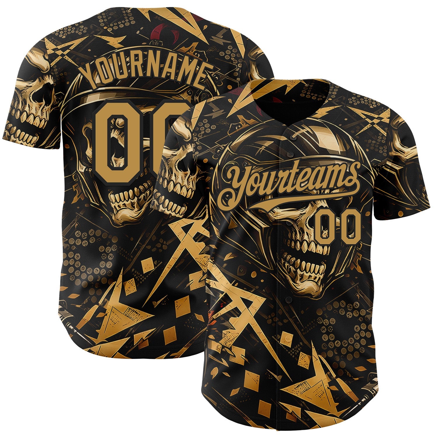 Custom Black-Old Gold 3D Pattern Design Motorcycle Motocross Skull Authentic Baseball Jersey - Main View