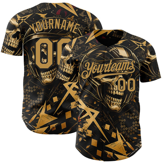 Custom Black-Old Gold 3D Pattern Design Motorcycle Motocross Skull Authentic Baseball Jersey - Main View
