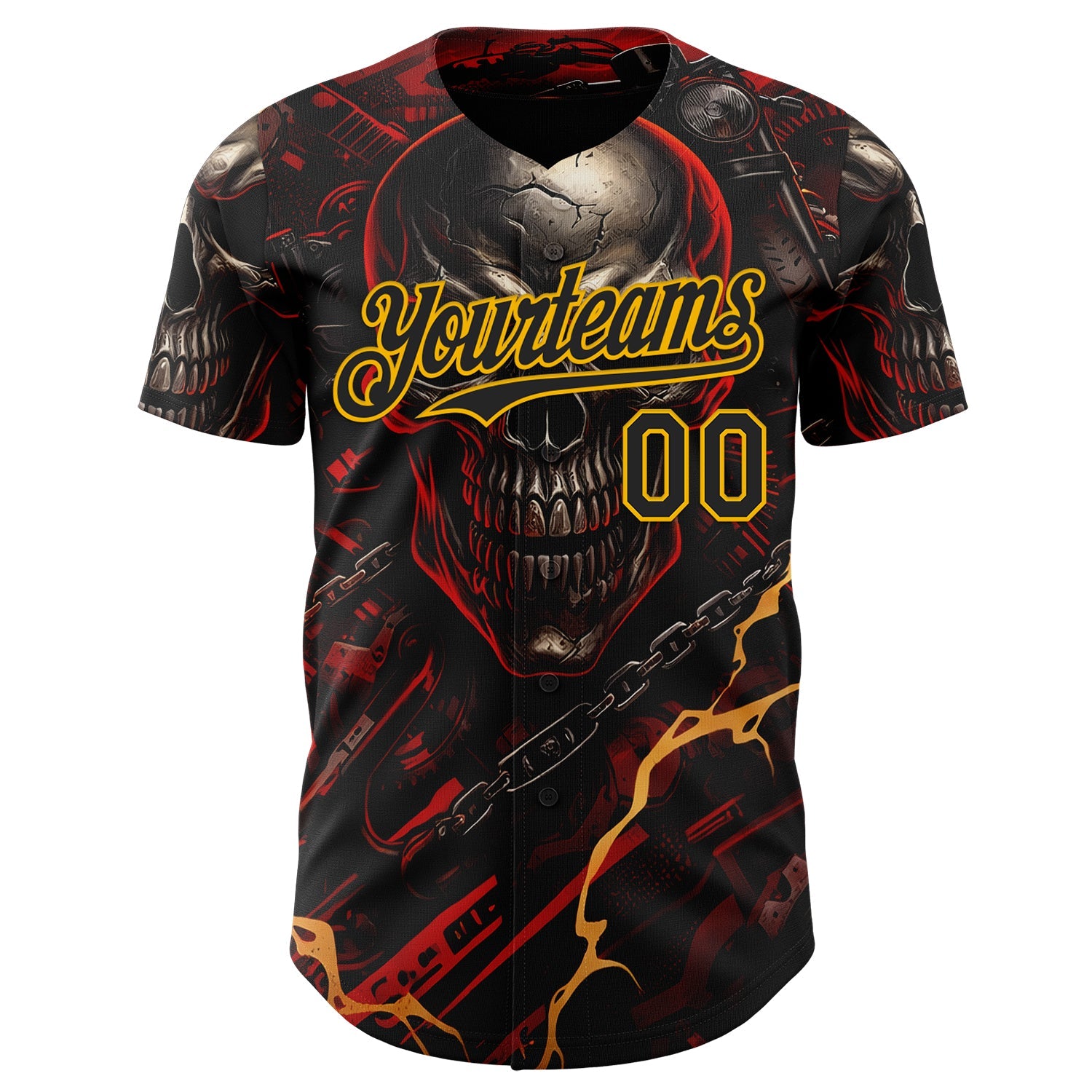 Custom Black Red-Gold 3D Pattern Design Motorcycle Motocross Skull Authentic Baseball Jersey view 2