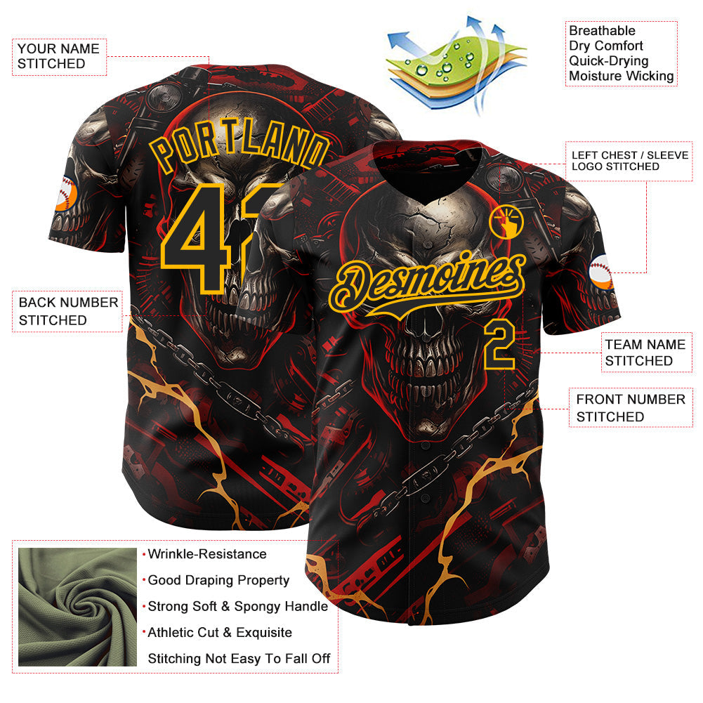 Custom Black Red-Gold 3D Pattern Design Motorcycle Motocross Skull Authentic Baseball Jersey view 3