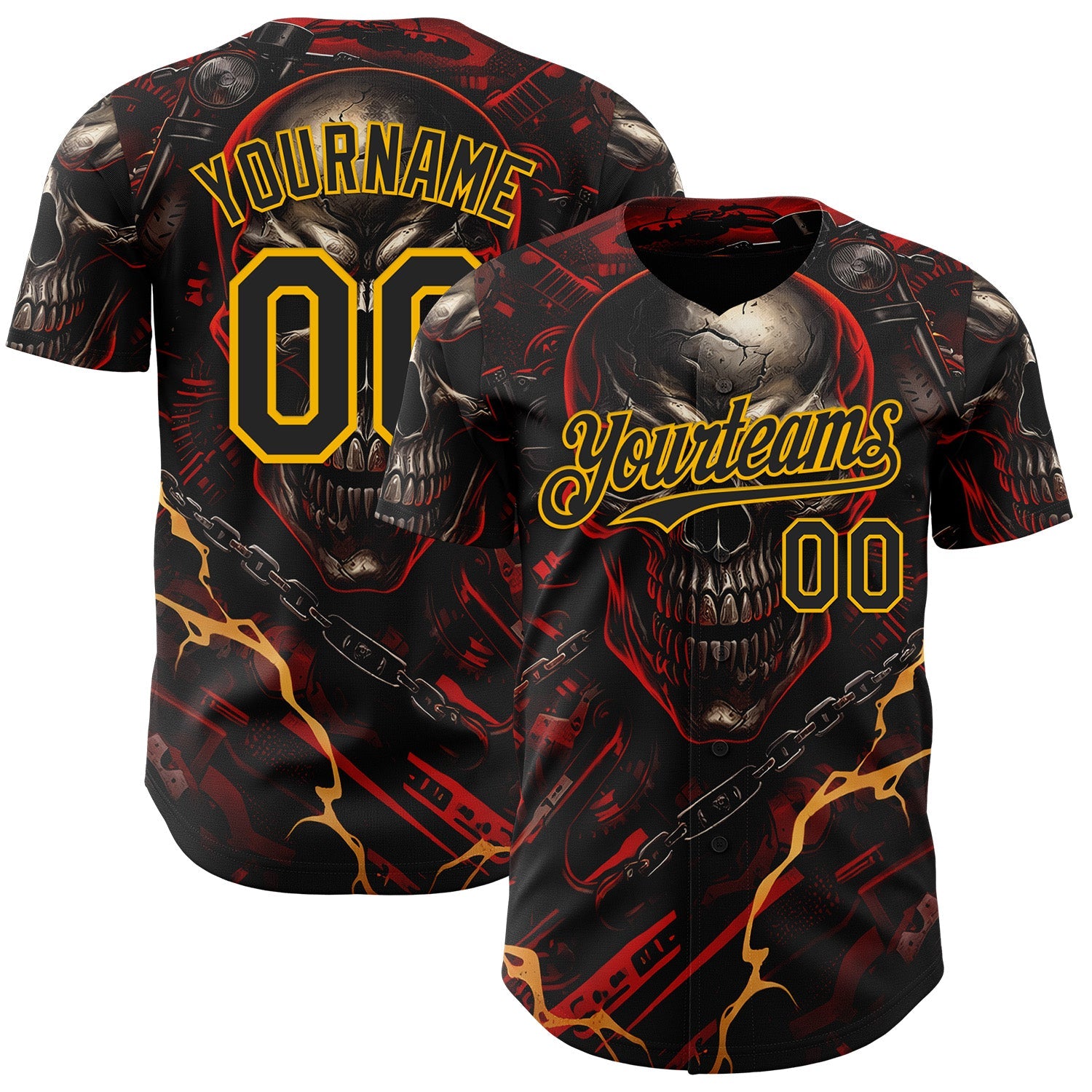 Custom Black Red-Gold 3D Pattern Design Motorcycle Motocross Skull Authentic Baseball Jersey - Main View
