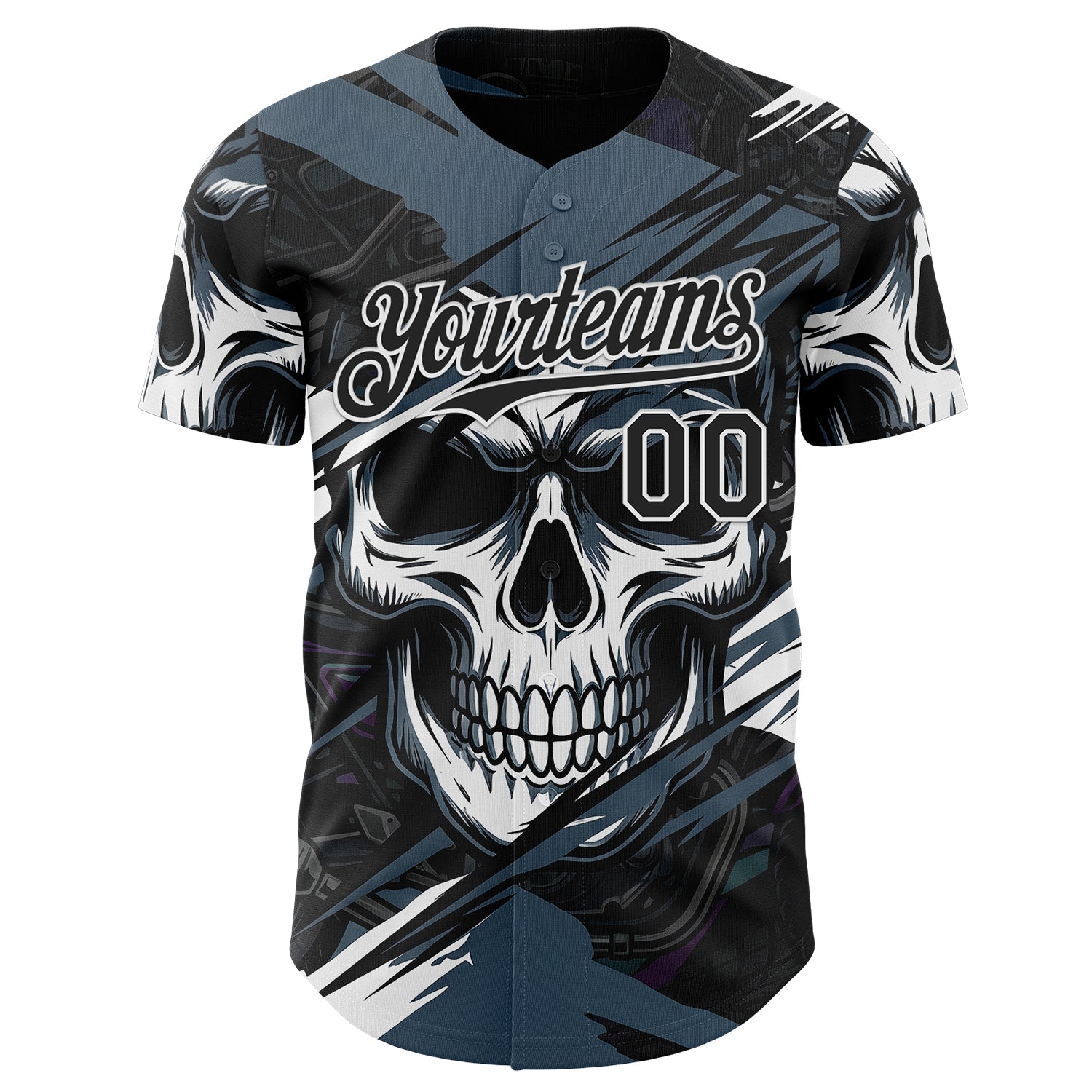 Custom Black Blue-White 3D Pattern Design Motorcycle Motocross Skull Authentic Baseball Jersey view 2