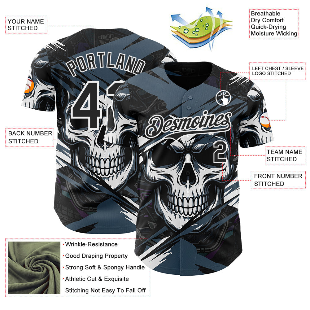 Custom Black Blue-White 3D Pattern Design Motorcycle Motocross Skull Authentic Baseball Jersey view 3
