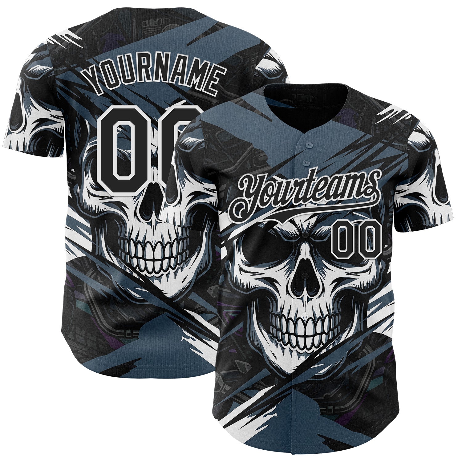 Custom Black Blue-White 3D Pattern Design Motorcycle Motocross Skull Authentic Baseball Jersey - Main View