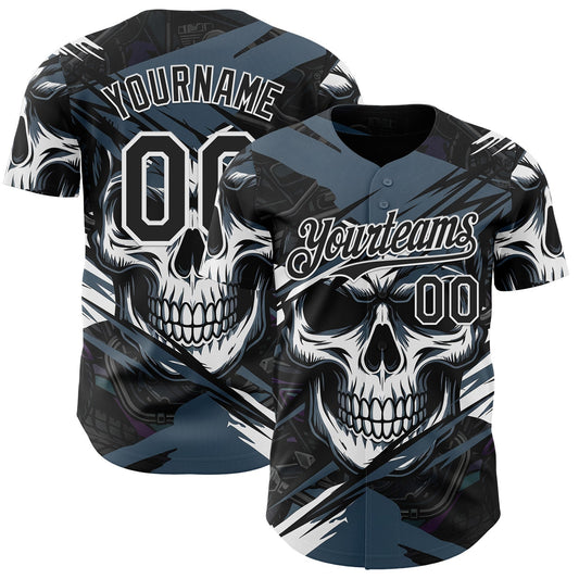 Custom Black Blue-White 3D Pattern Design Motorcycle Motocross Skull Authentic Baseball Jersey - Main View