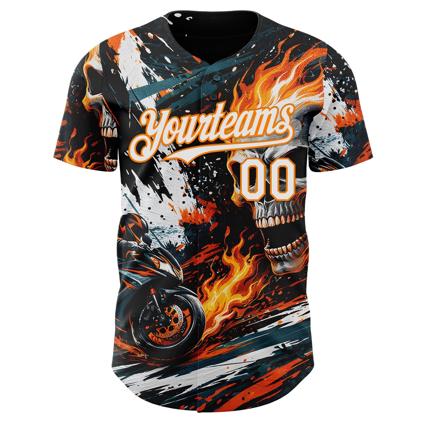 Custom Black White Red-Bay Orange 3D Pattern Design Motorcycle Motocross Skull Flame Authentic Baseball Jersey view 2