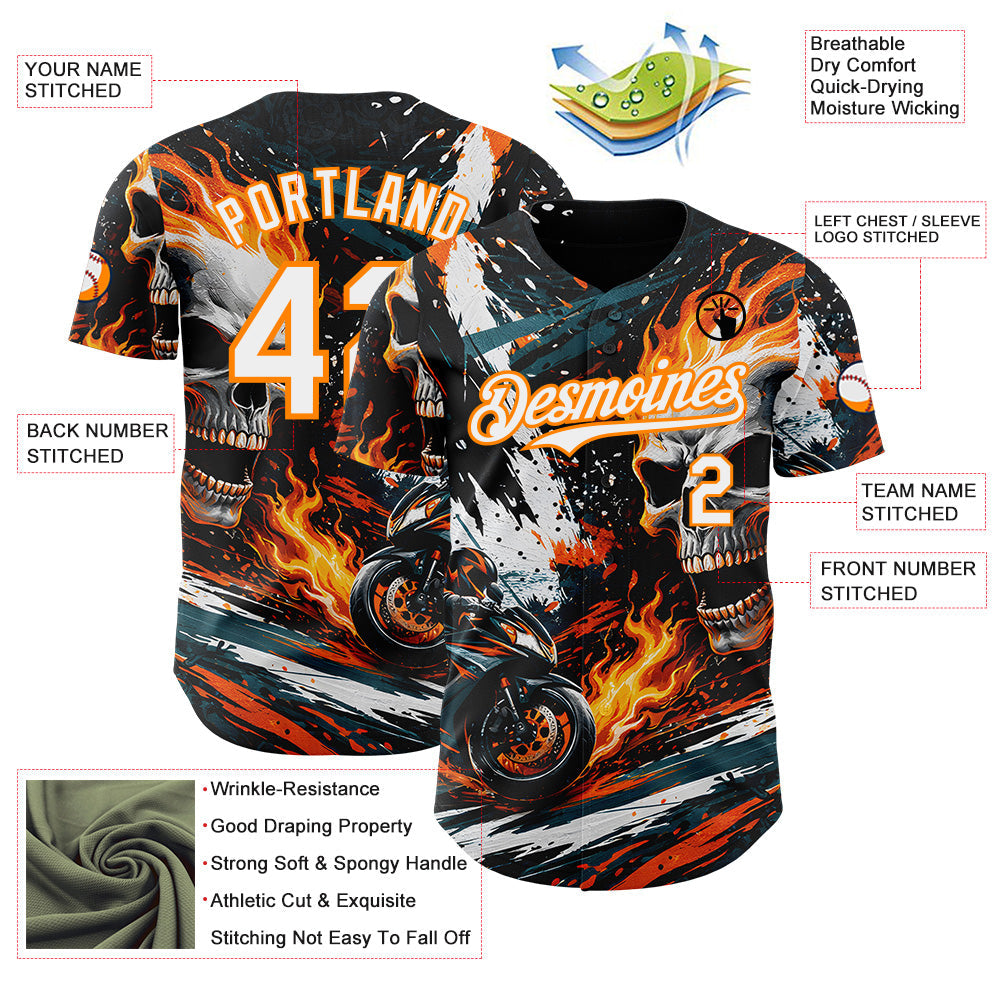 Custom Black White Red-Bay Orange 3D Pattern Design Motorcycle Motocross Skull Flame Authentic Baseball Jersey view 3