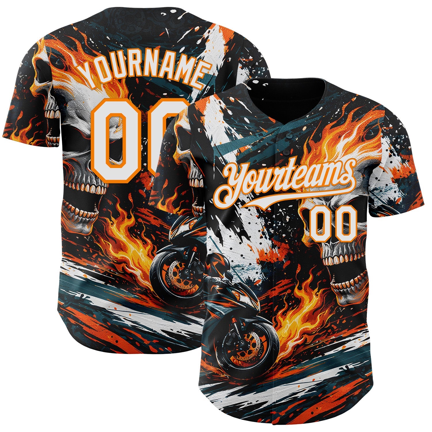 Custom Black White Red-Bay Orange 3D Pattern Design Motorcycle Motocross Skull Flame Authentic Baseball Jersey - Main View